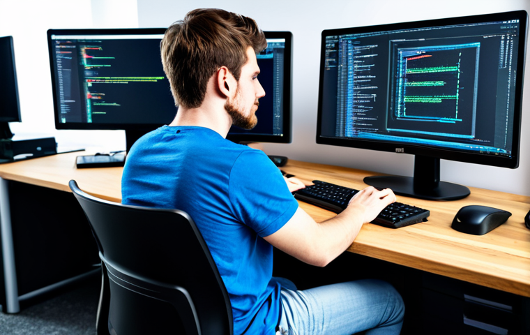 **

A professional programmer working at a brightly lit tech startup office, multiple monitors displaying code, wearing a casual but appropriate outfit (jeans, t-shirt, and a cardigan), focus on the hands typing, safe for work, fully clothed, perfect anatomy, natural proportions, high quality, professional.

**